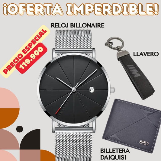 Combo Billonario : Reloj Billonario, Billetera Daiquisi , Llavero Cuero