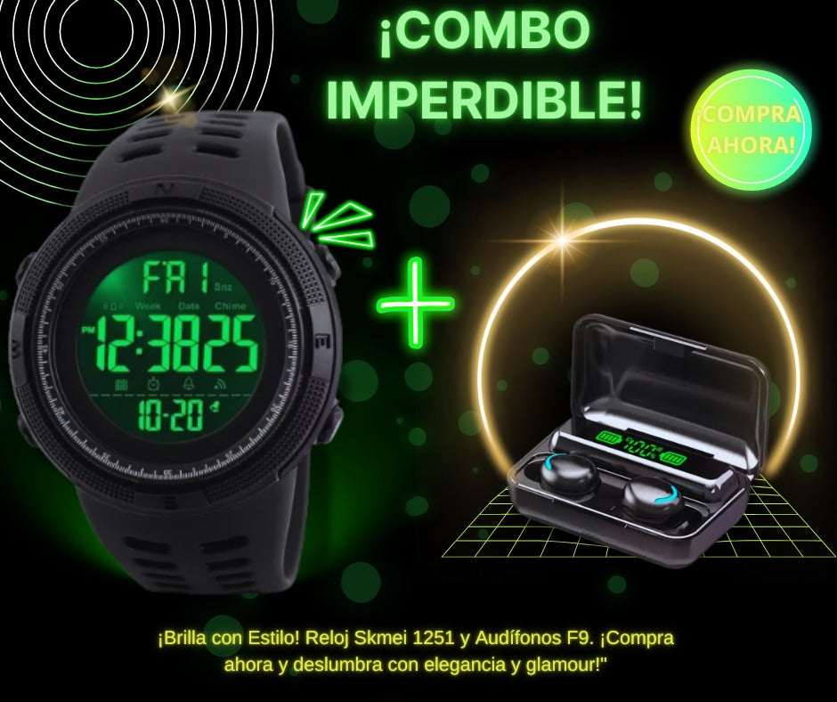 Combo Audifonos F9 + Reloj Skmei Tactico